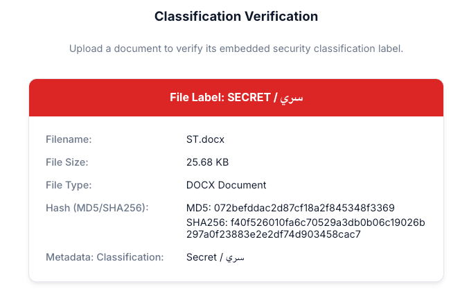 Label & Classification Check — showing SECRET classification label, file metadata, and MD5/SHA256 hashes
